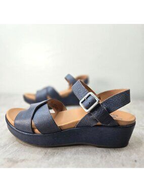 Kork-Ease Wedge Sandals Sz 6 Navy Blue Leather Open Toe Strappy Platform Wedges
